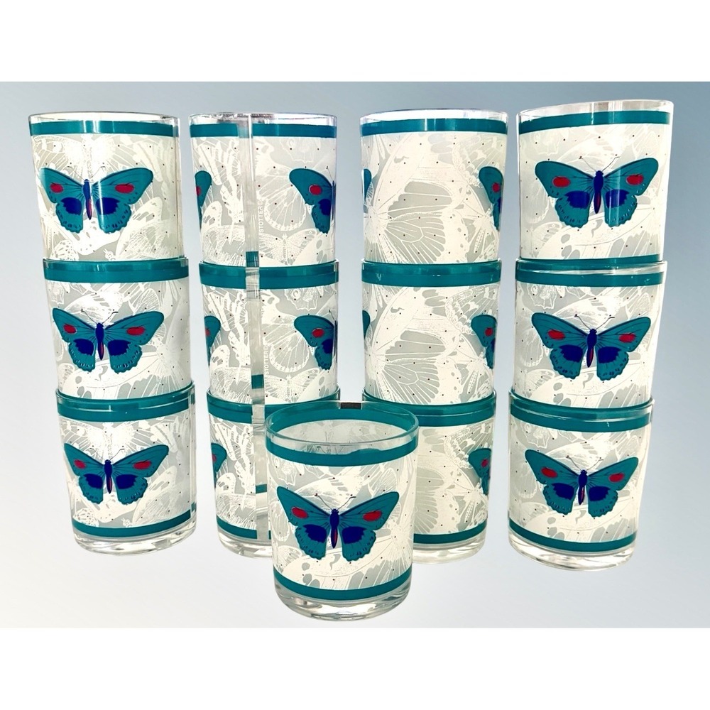 Vintage Stotter Acrylic Butterfly Tumblers Set of 13 Teal Blue Double Wall USA